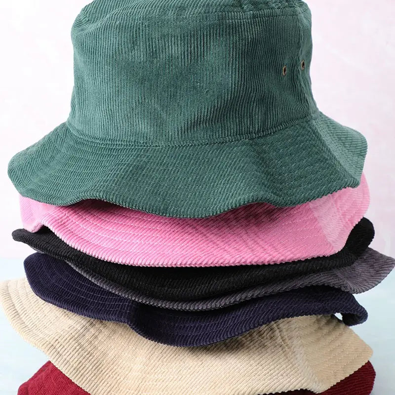 Foldable Vintage Corduroy Bucket Hat - Black