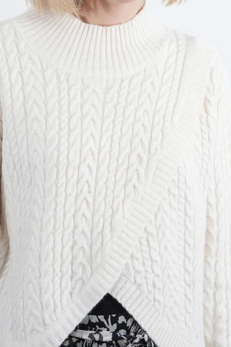 Wrap Front Cable Sweater - Cream