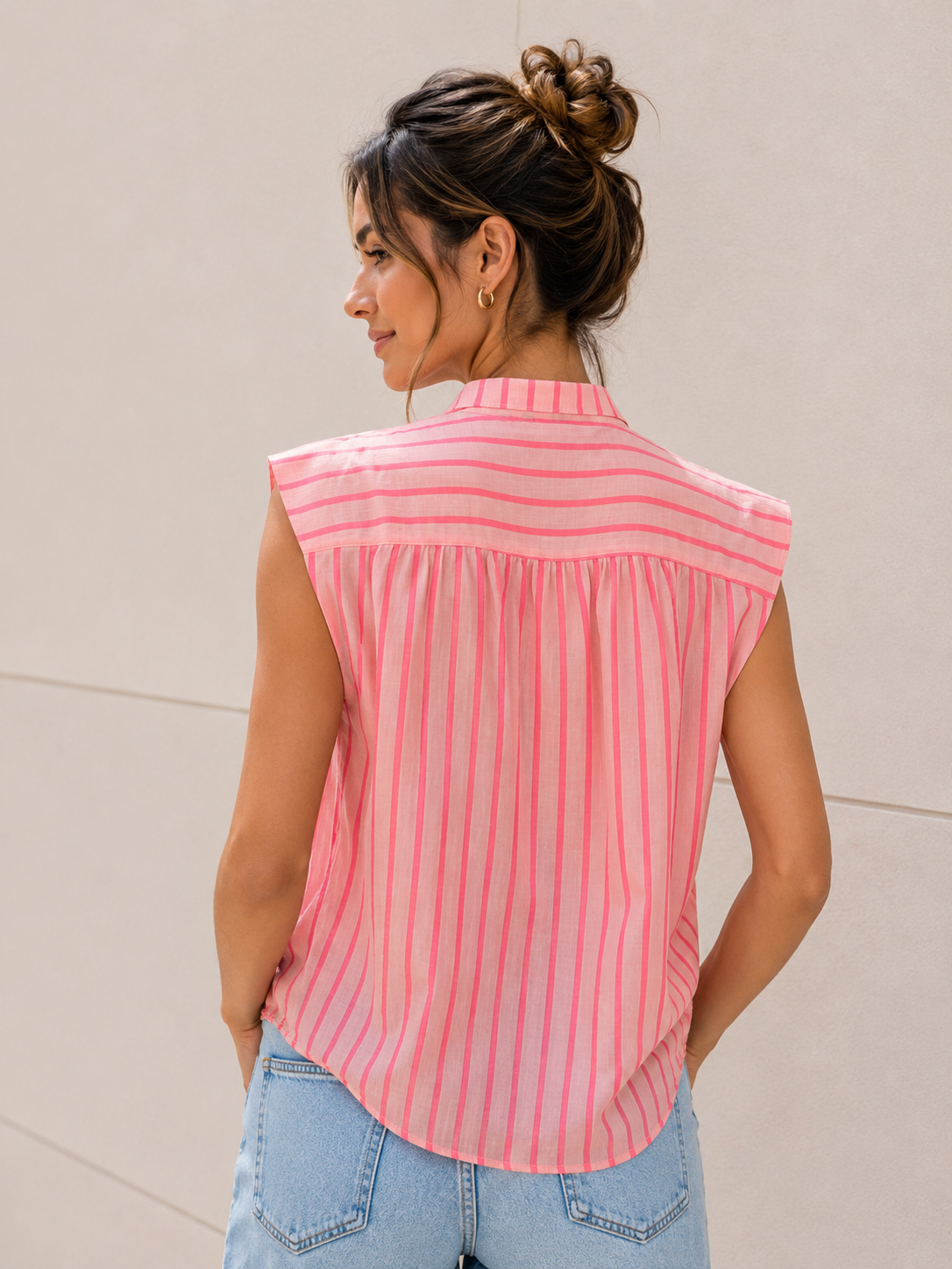 Pink Stripe Gathered-Yoke Sleeveless Blouse