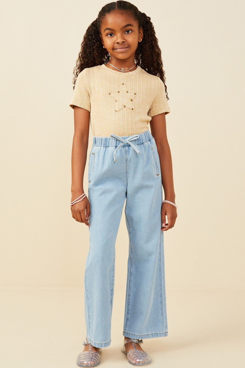 Girls Wide Leg Drawstring Waist Denim Pants