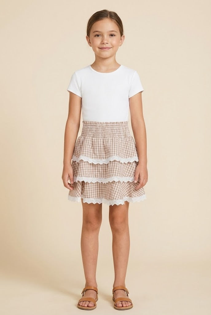 Girls Lace Trimmed Gingham Tiered Skirt