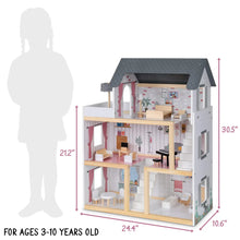 Load image into Gallery viewer, 3-Story Wooden Doll House Set W/Elevator, Balcony & Stairs