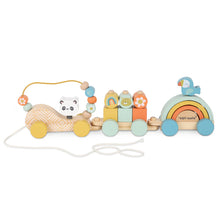 Load image into Gallery viewer, Wooden pull toy with colorful animals and a rainbow on a white background