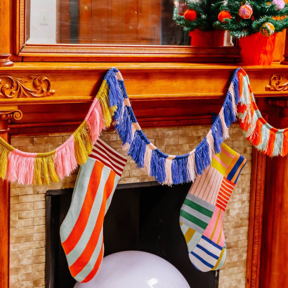 Patchwork Stripe Holiday Stocking - Rainbow