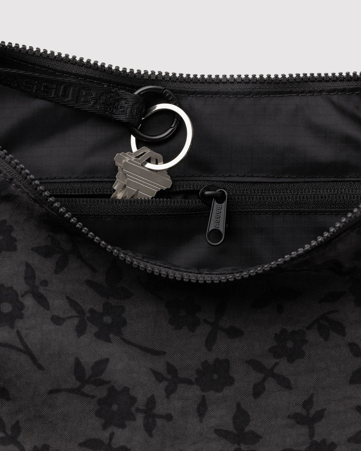 Medium Nylon Baggu Crescent Bag - Charcoal Ditsy Floral