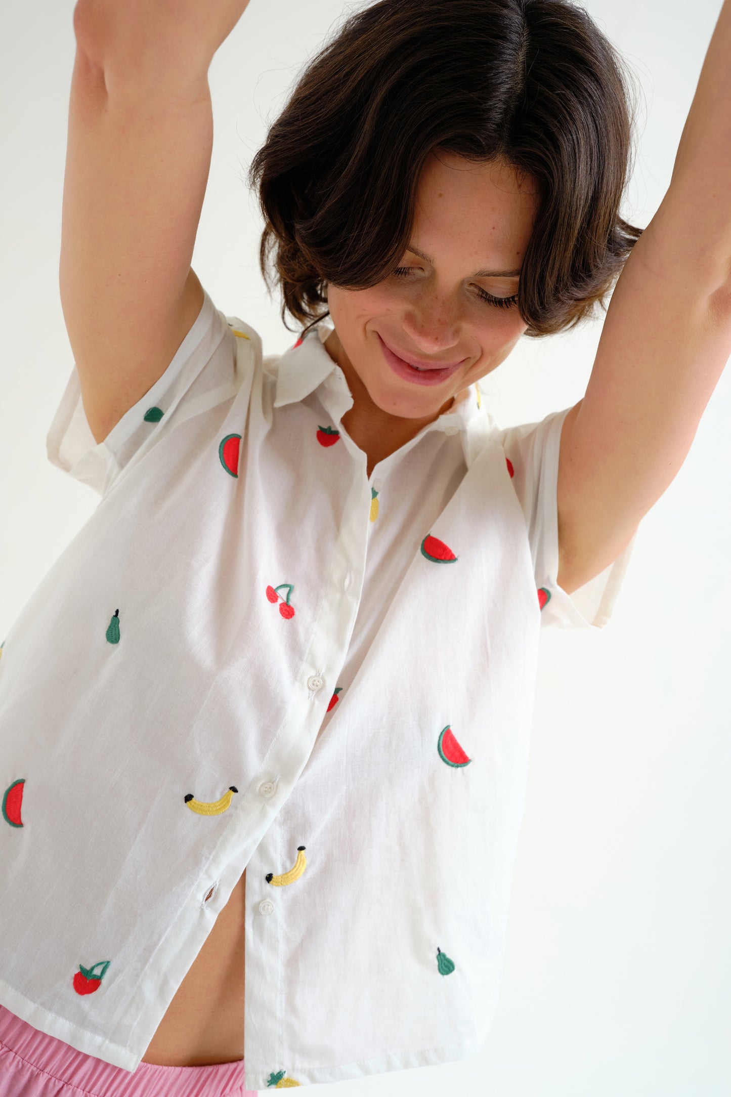 Embroidered All Over Print Fruit Shirt