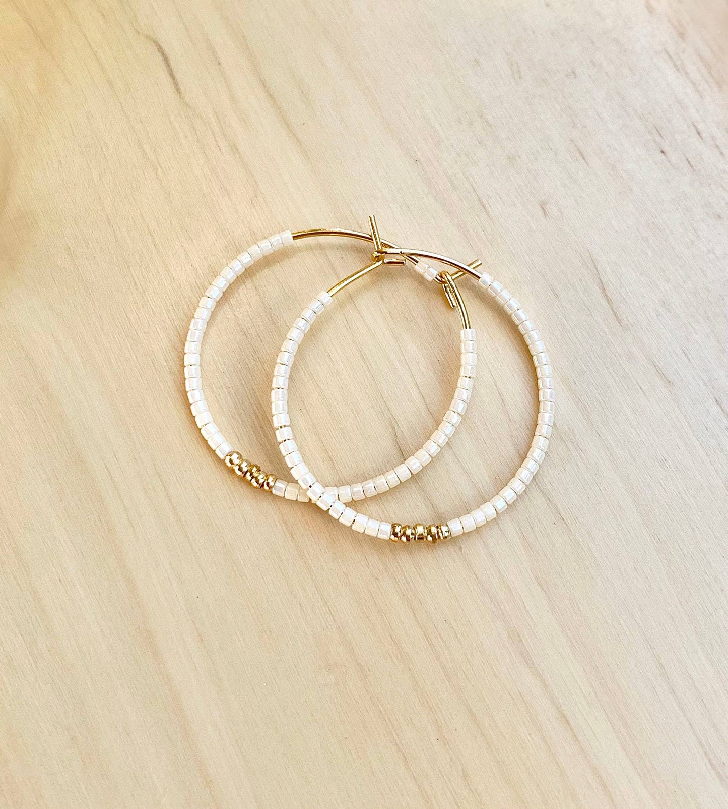 Cream and Gold Hoops | Beaded Hoop Earrings