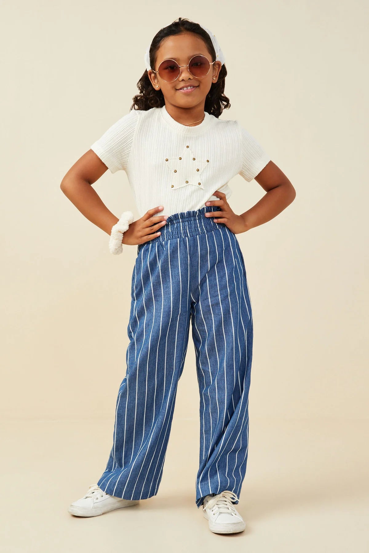 Smocked Waist Pinstripe Wide Leg Chambray Pants
