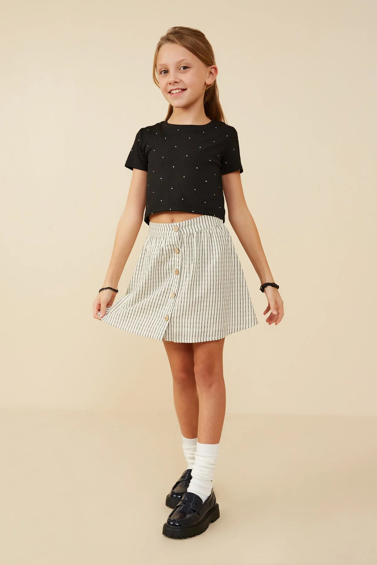 Girls Button Front Textured Striped Skirt