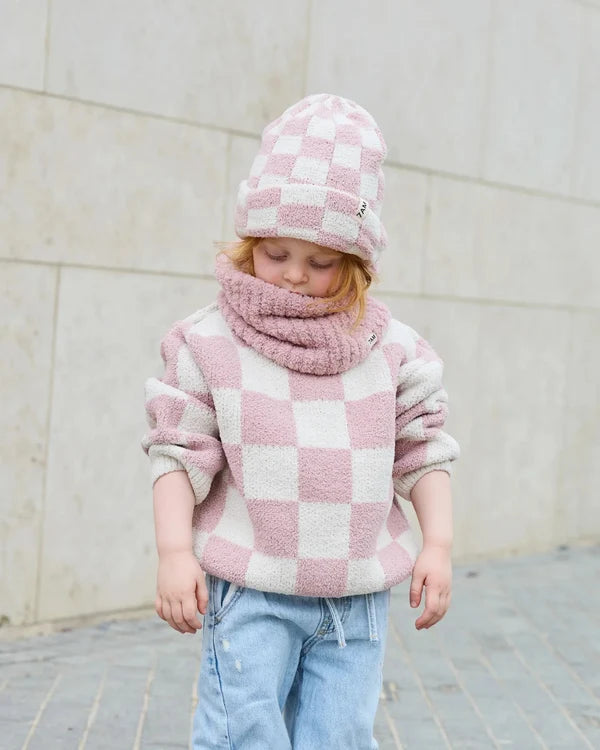 Fuzzy Checkers Beanie - Ecru/Rose
