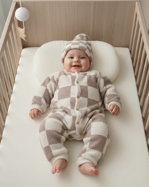 Fuzzy Checkers Romper -Ecru/Taupe