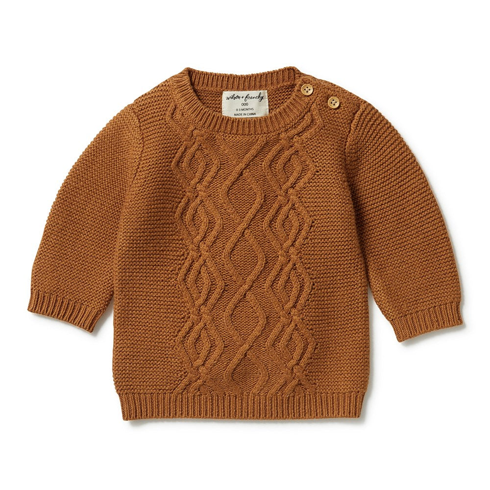 Knitted Cable Baby Sweater - Spice
