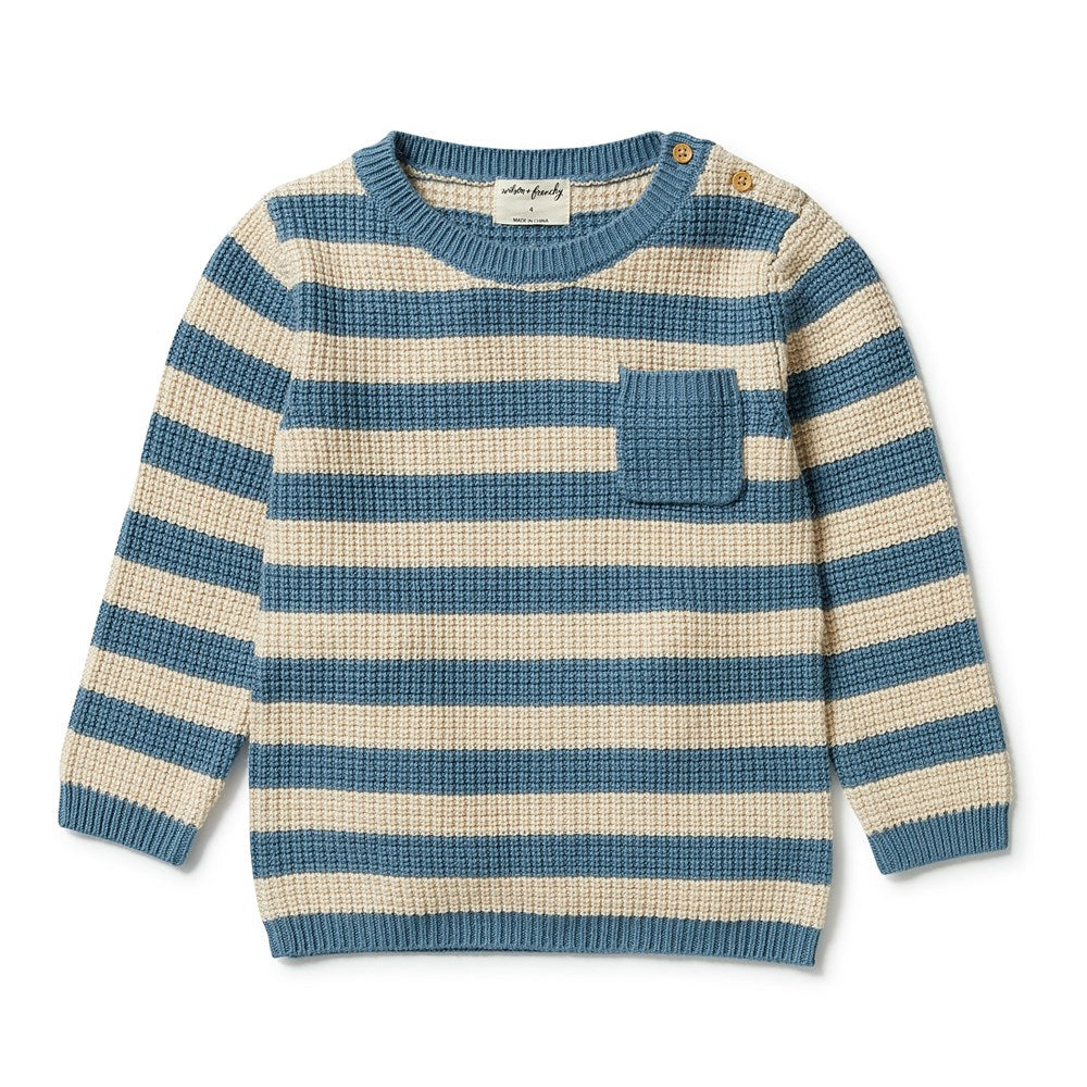 Knitted Stripe Pocket Kids Sweater - Bluestone