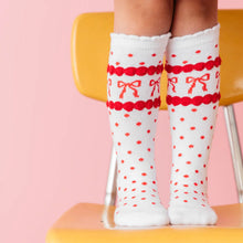 Load image into Gallery viewer, Red Bow Scalloped Knee Socks
