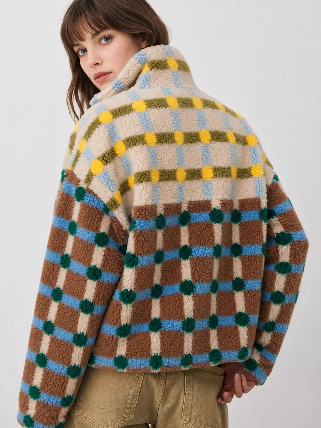 Mixed Plaid Color Block Sherpa Zip-Up Jacket - Brown/Cream
