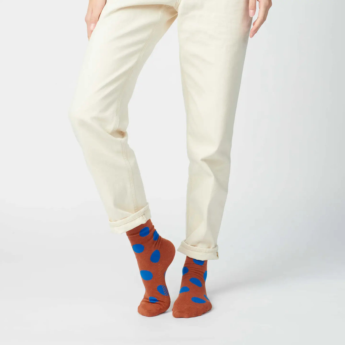 Polka Dot Crew Socks - Brown/Blue