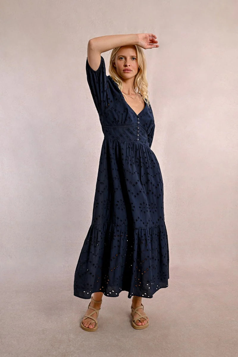 Long Openwork Embroidery Dress Navy Blue / S