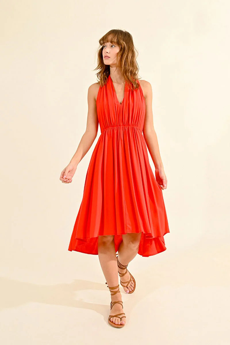 V-Neck Sleeveless Dress - Red/Orange