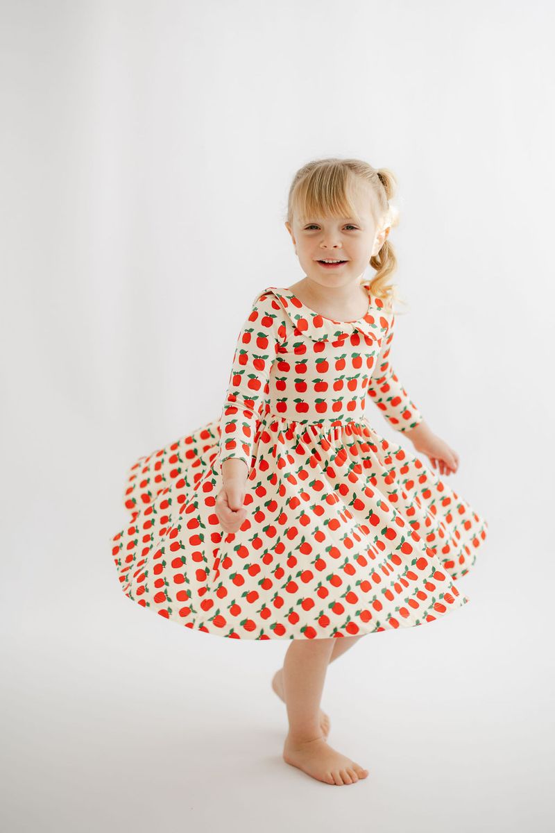 3/4 Sleeve Collard Twirl Dress - Red Apples