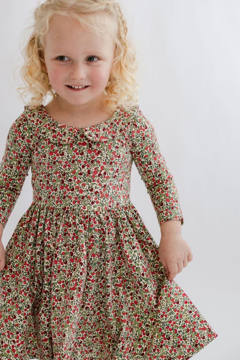 3/4 Sleeve Collard Twirl Dress - Crimson Floral