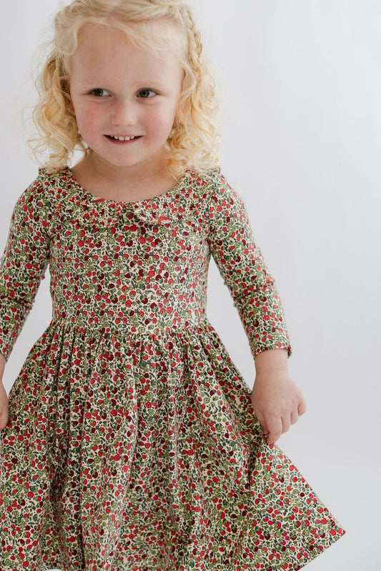 3/4 Sleeve Collard Twirl Dress - Crimson Floral