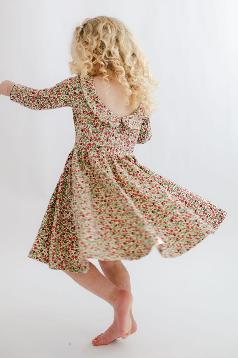 3/4 Sleeve Collard Twirl Dress - Crimson Floral