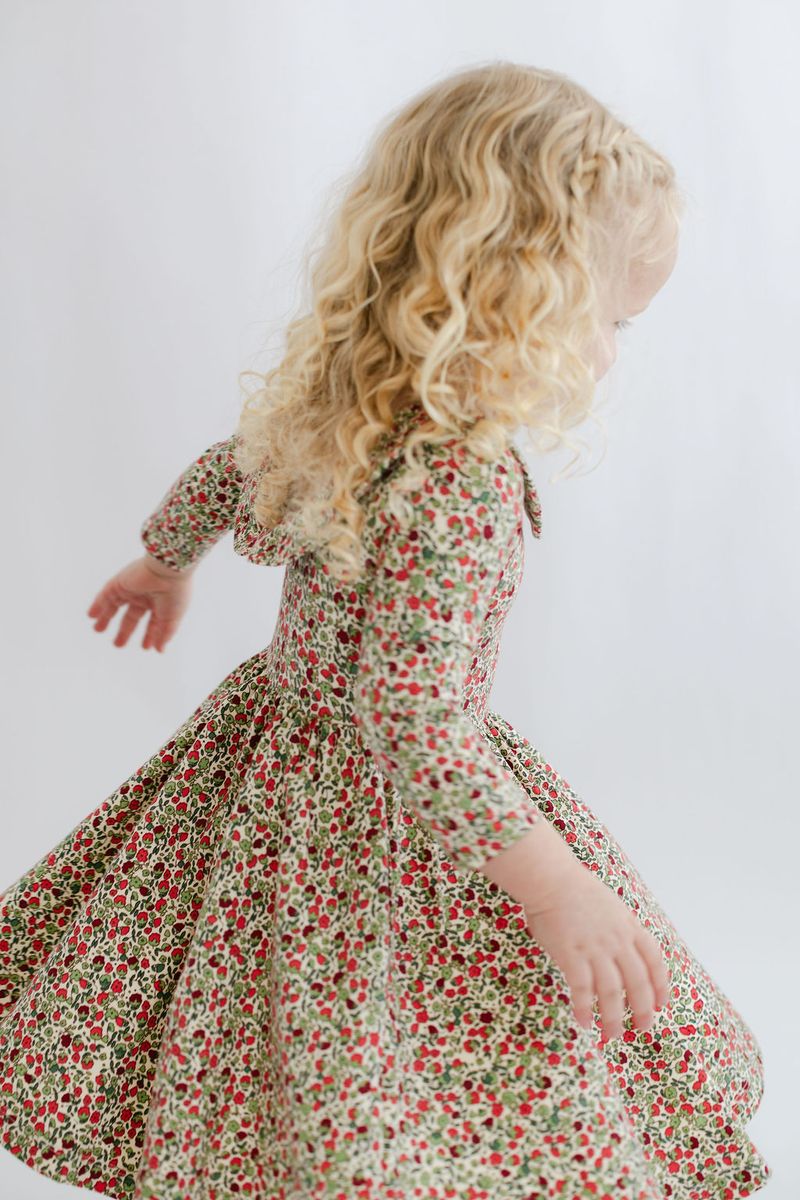 3/4 Sleeve Collard Twirl Dress - Crimson Floral