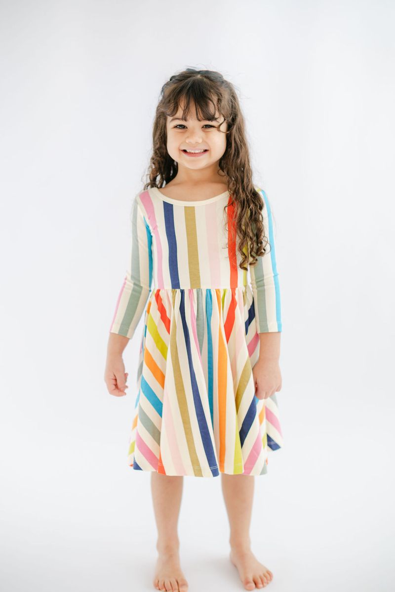 3/4 Sleeve Twirl Dress - Bright Stripes
