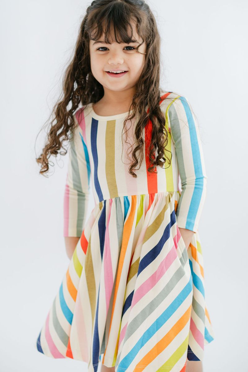 3/4 Sleeve Twirl Dress - Bright Stripes