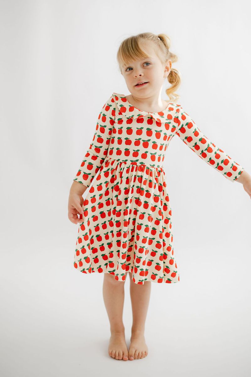 3/4 Sleeve Collard Twirl Dress - Red Apples