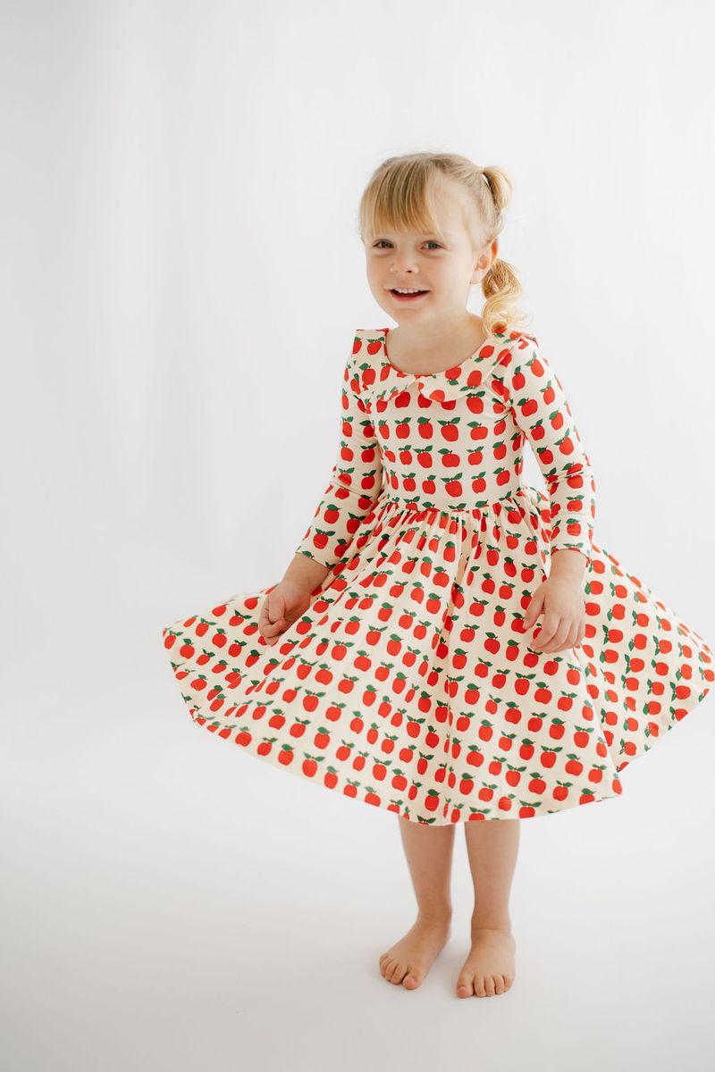 3/4 Sleeve Collard Twirl Dress - Red Apples