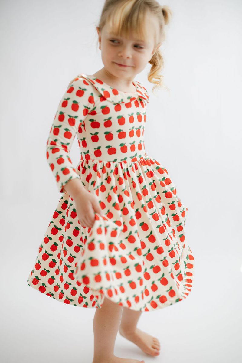 3/4 Sleeve Collard Twirl Dress - Red Apples