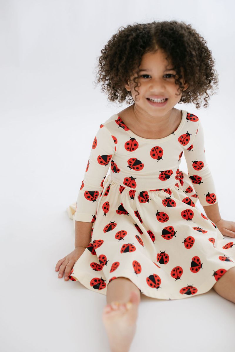 3/4 Sleeve Twirl Dress - Ladybugs