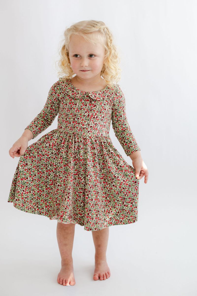 3/4 Sleeve Collard Twirl Dress - Crimson Floral