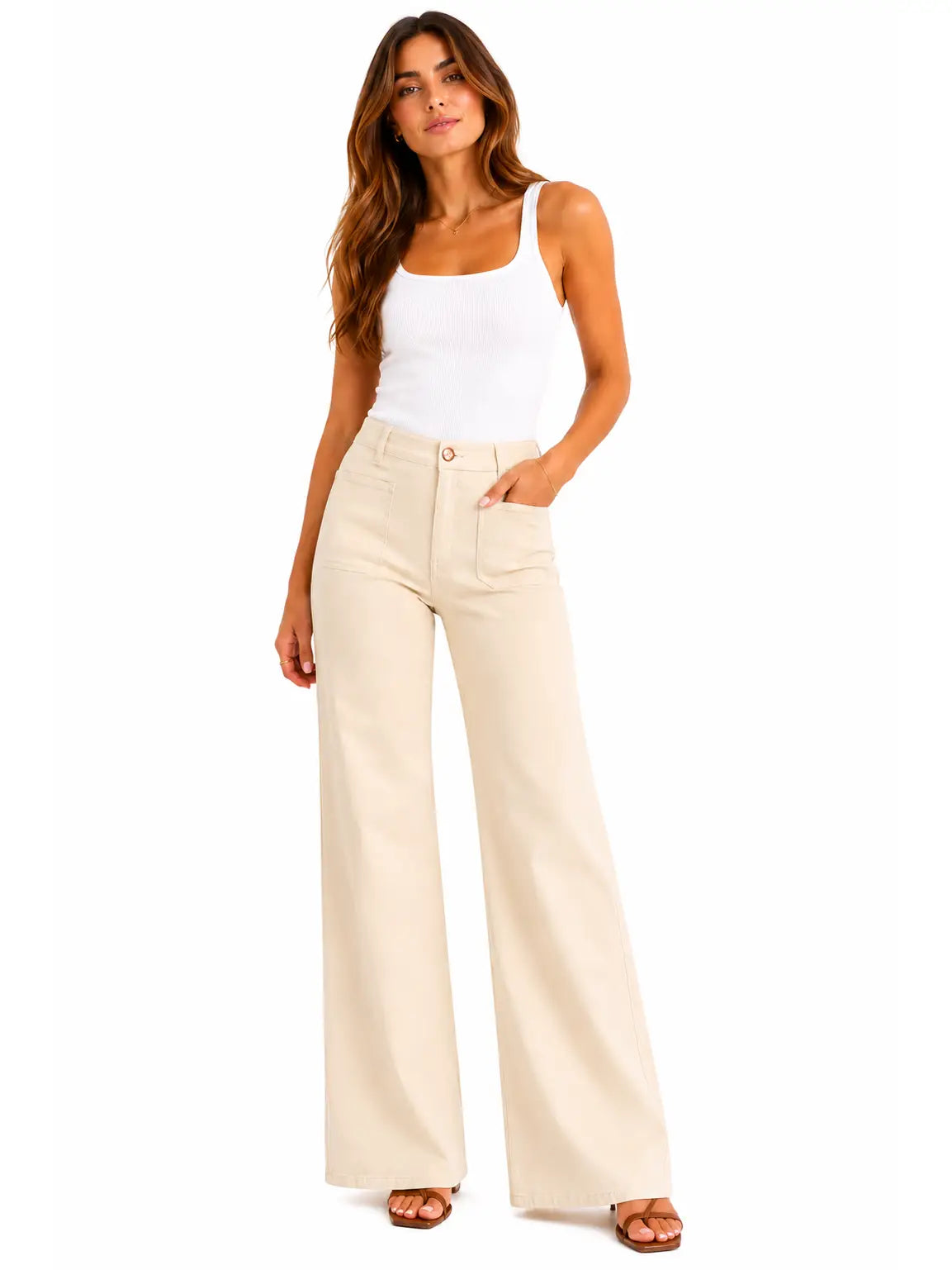 32" Luxe Wide Leg Jean w/ Patch Pockets - Ecru