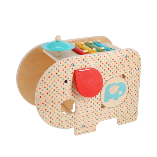Wooden toy elephant with colorful buttons and a xylophone on a white background