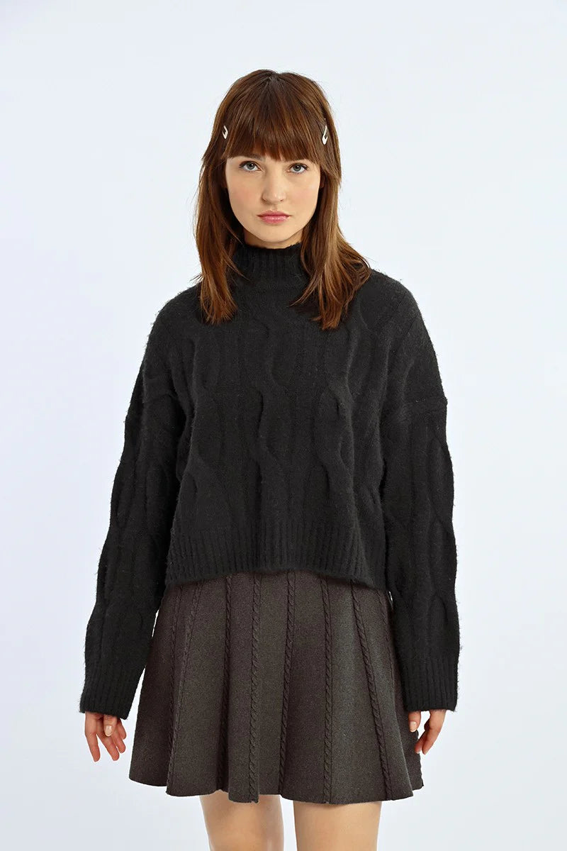 Soft Knit Cable Sweater - Black