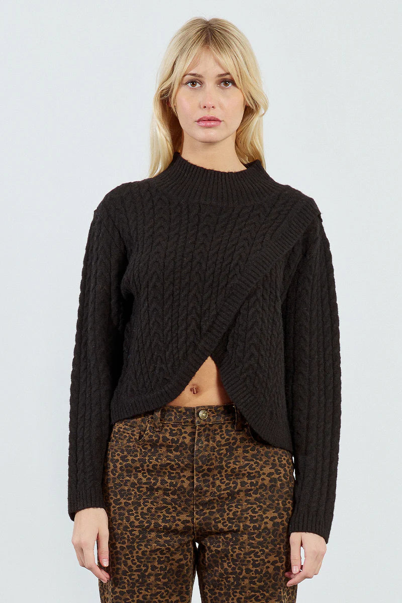 Wrap Front Cable Sweater - Black