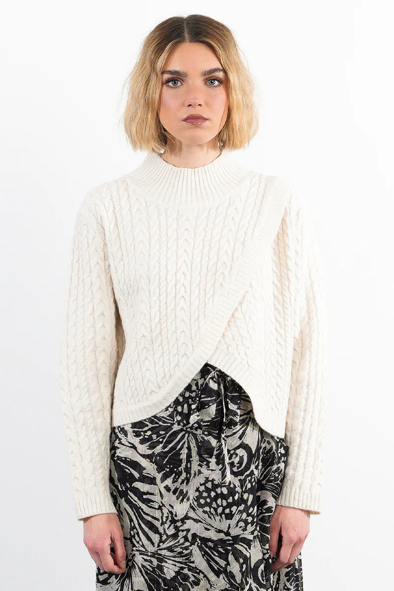Wrap Front Cable Sweater - Cream