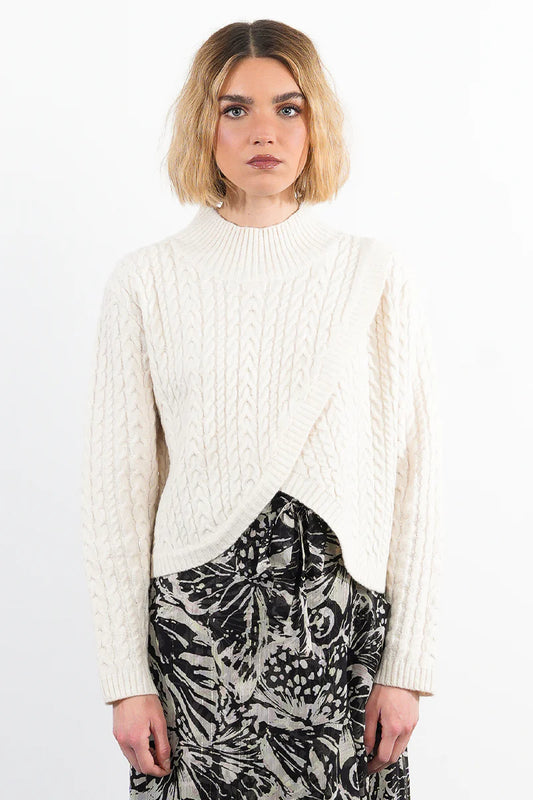 Wrap Front Cable Sweater - Cream