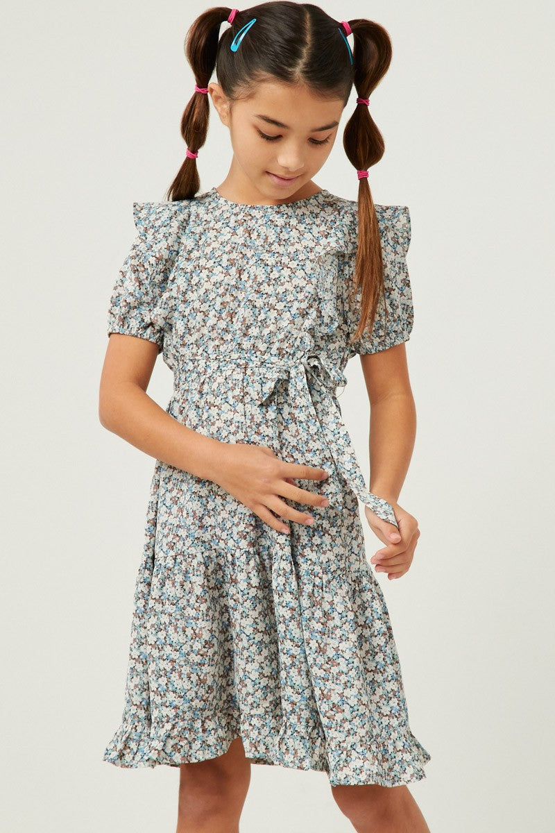 Girls Ruffle Sleeve Belted Ditsy Floral Dress