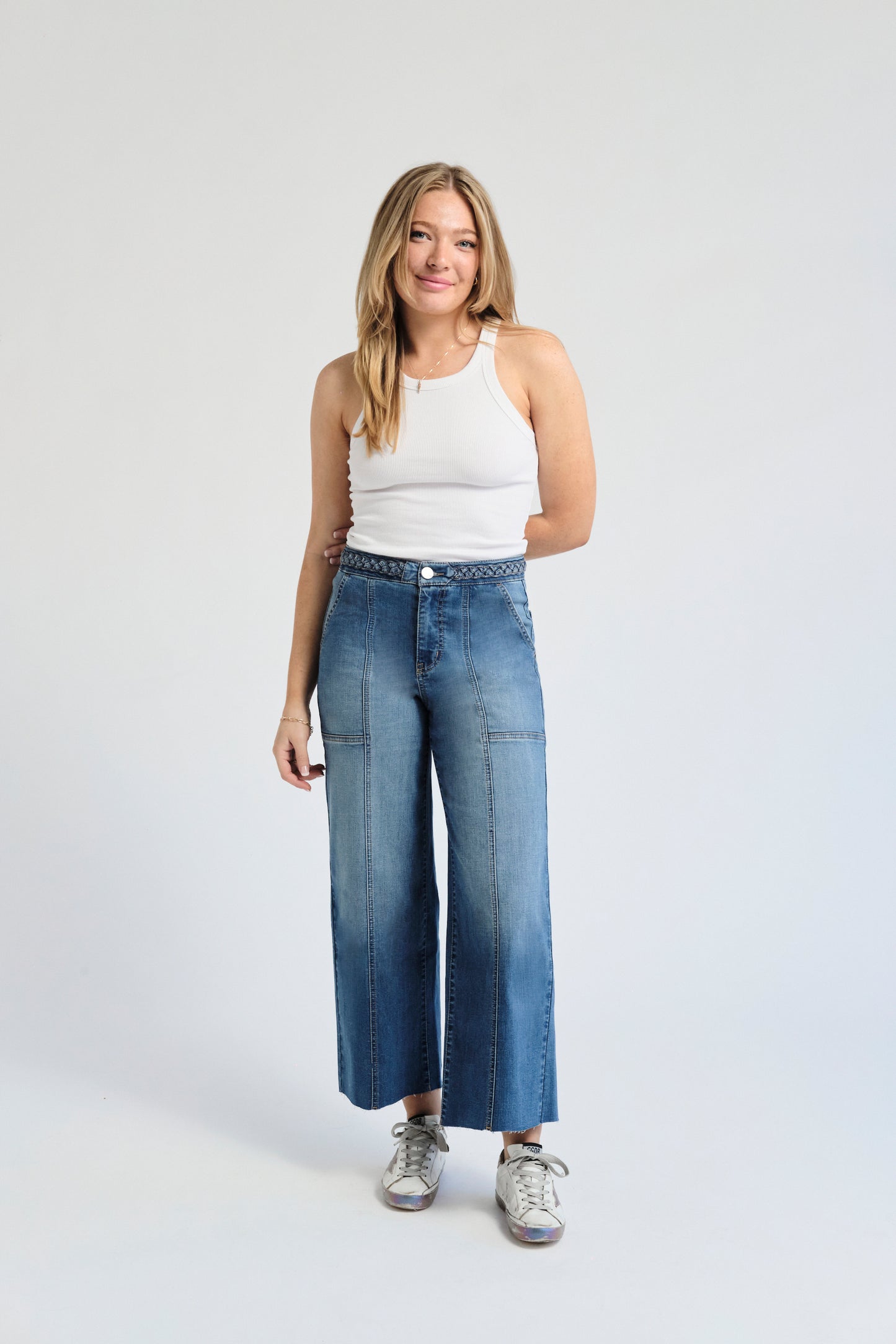 High Rise Wide Leg Braided Waistband Denim - Bolti