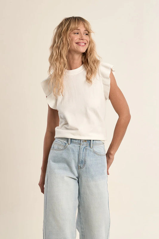 Short-Sleeved Ruffled Sweater - White