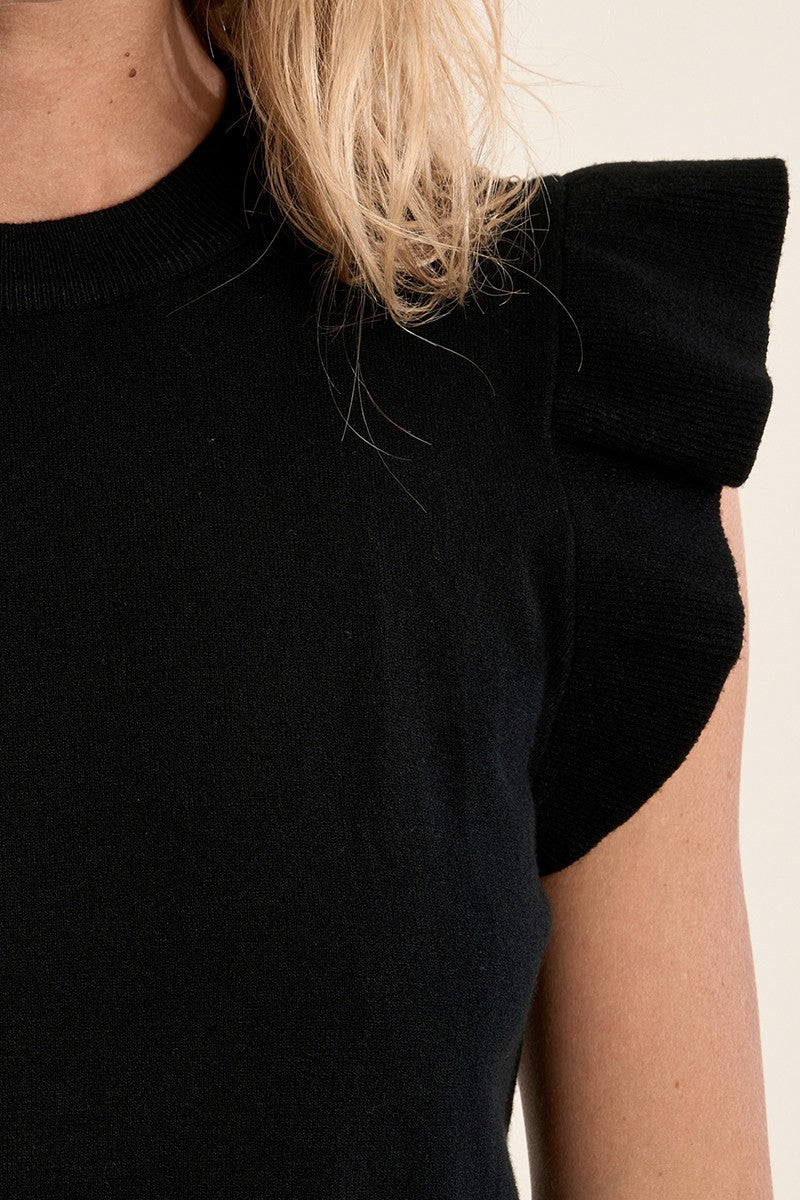 Short-Sleeved Ruffled Sweater - Black