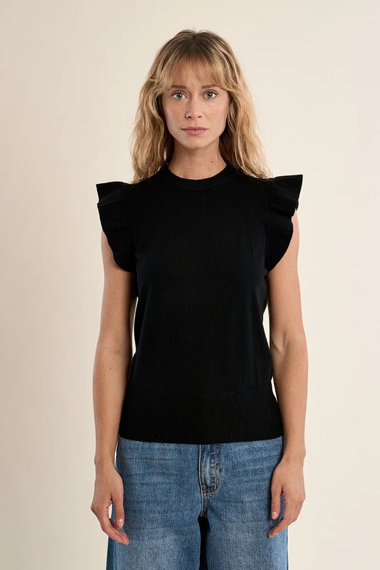 Short-Sleeved Ruffled Sweater - Black