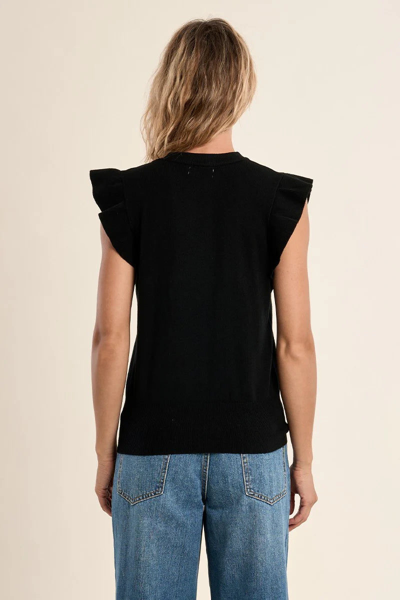 Short-Sleeved Ruffled Sweater - Black