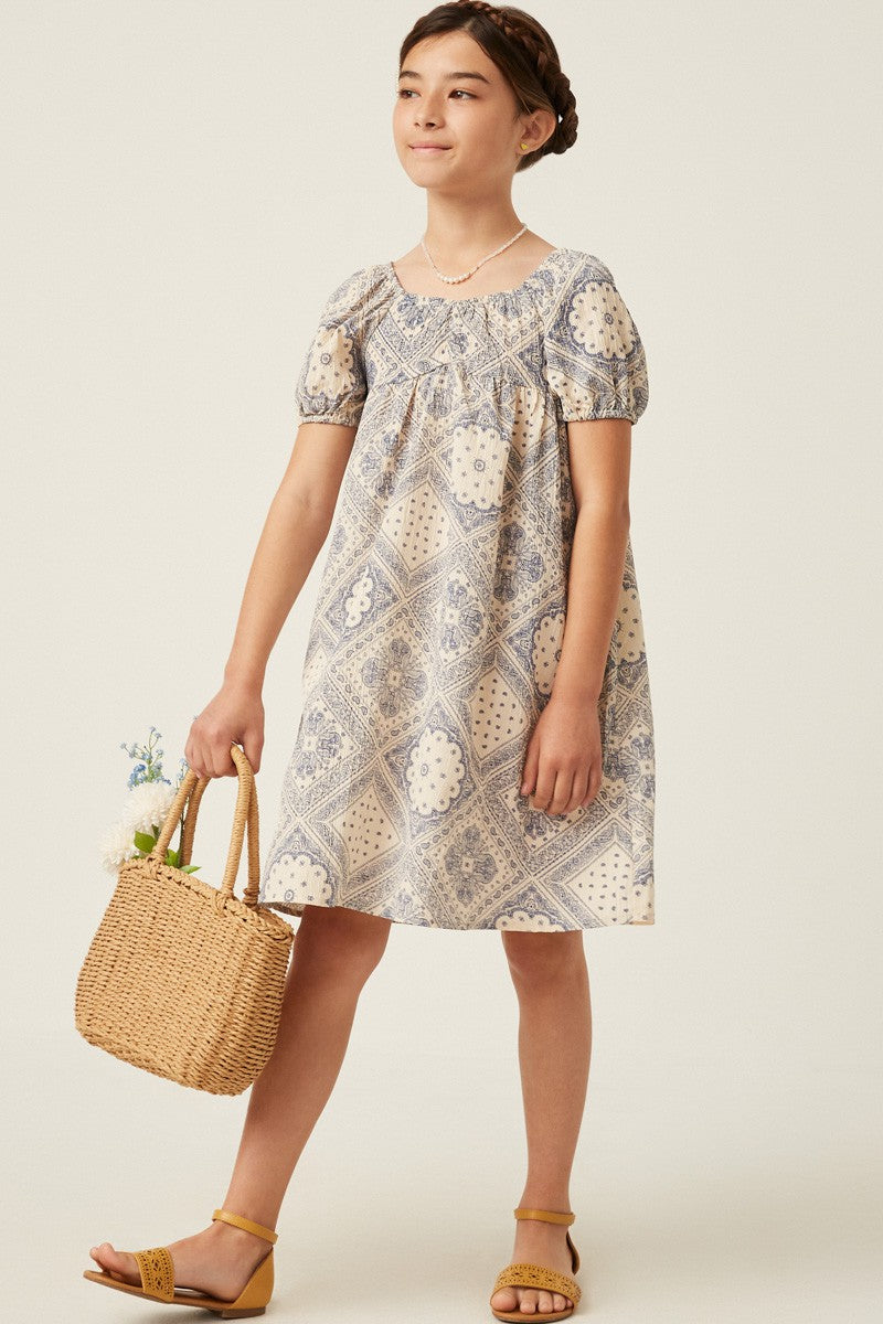 Textured Antique Quilt Print Puff Sleeve Dress