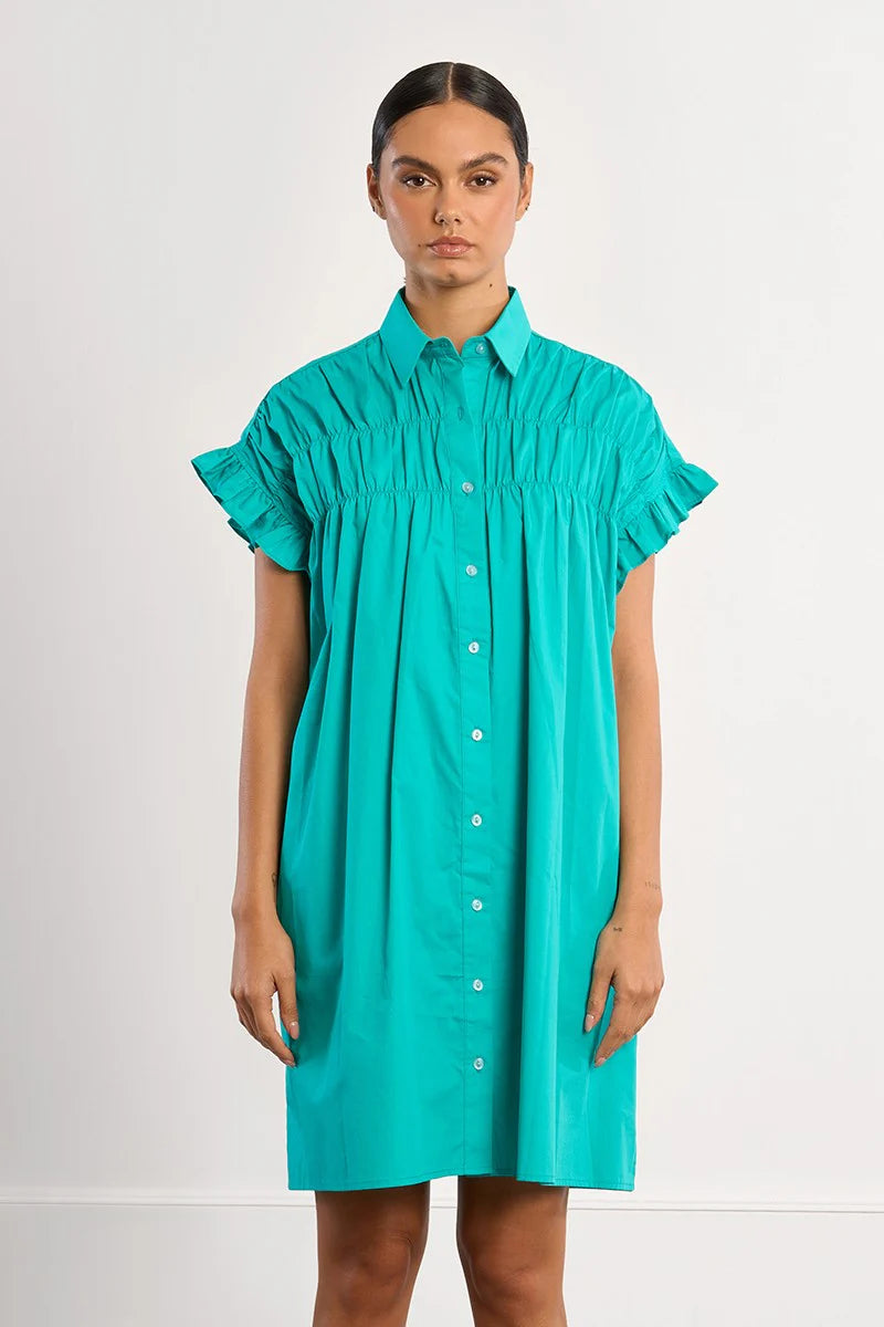 Smocked Cotton Shirt Dress - Mint
