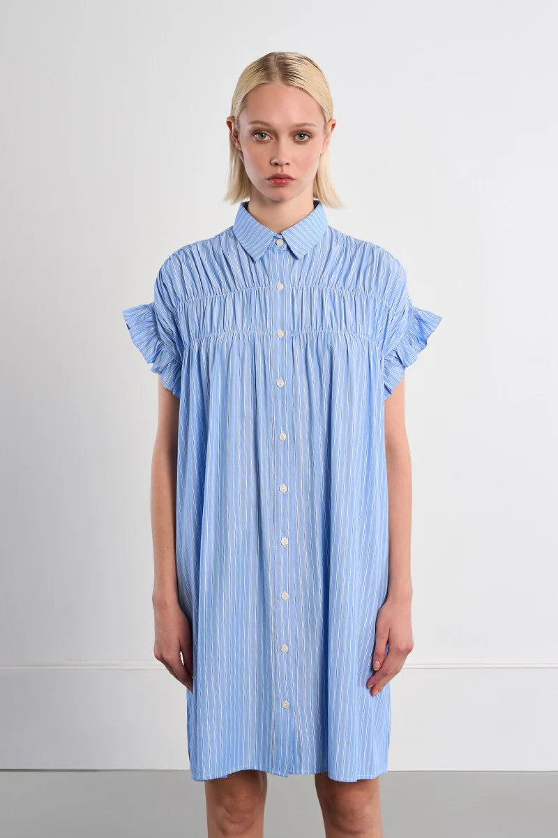 Smocked Cotton Shirt Dress - Blue Stripe