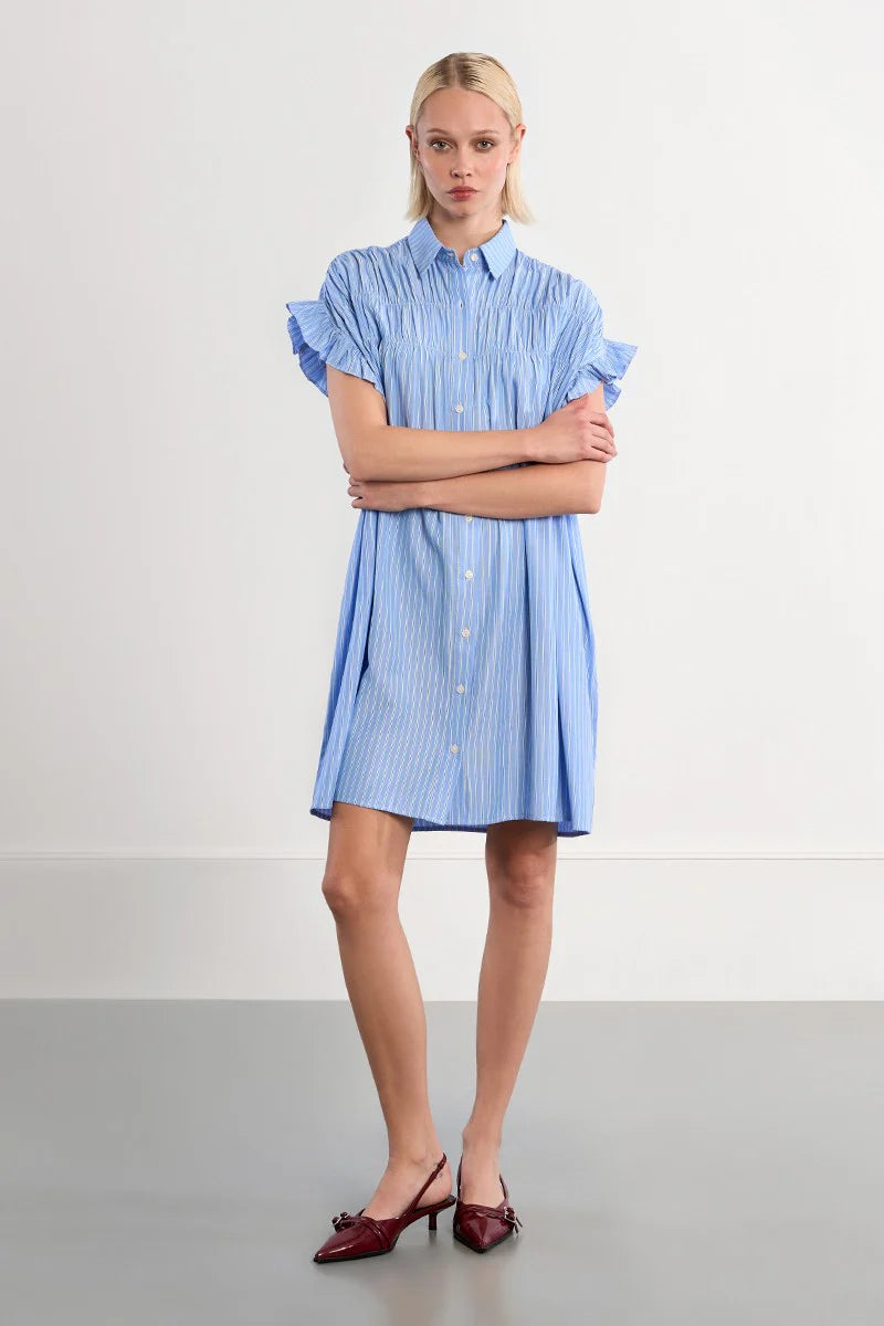 Smocked Cotton Shirt Dress - Blue Stripe